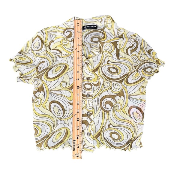 Liz & Sara Green Yellow Crop Top Abstract Mesh Sheer Shirt Size M Retro Top - Picture 8 of 10